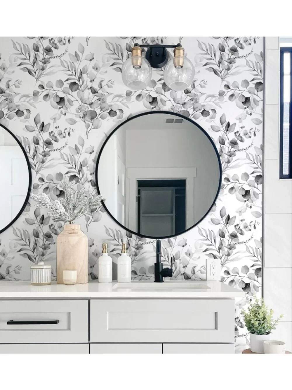 Peel and Stick Black White Wallpaper Mural | Botanical Eucalyptus Leaf Design